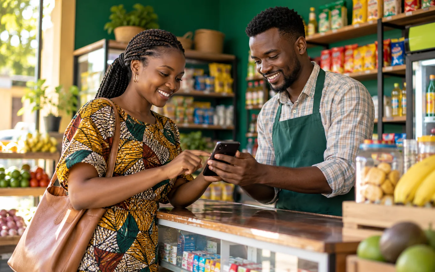 Woman confirming a mobile money transaction on her phone at a local shop