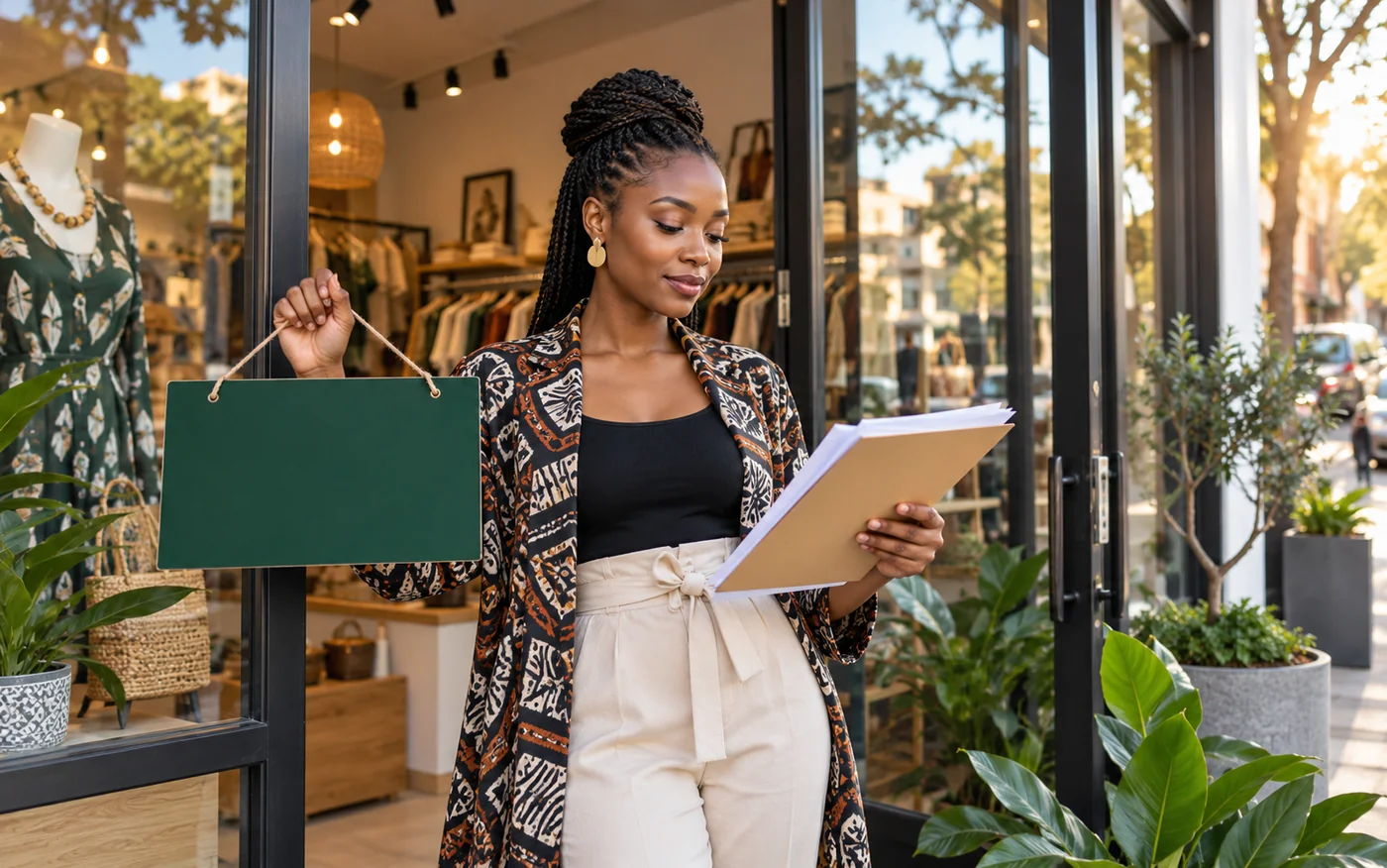 Local shop owner reviewing business documents at his storefront
