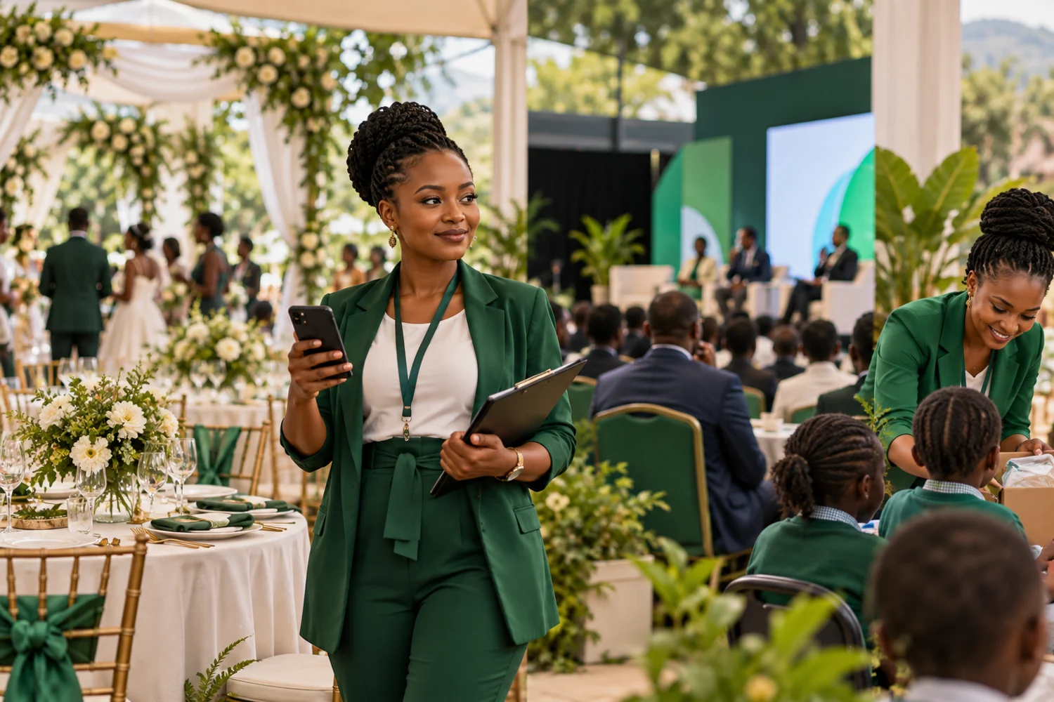 An East African event organizer preparing attendee check-in at a venue