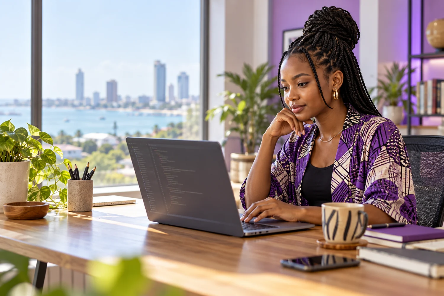 An East African writer planning a technology article at a laptop