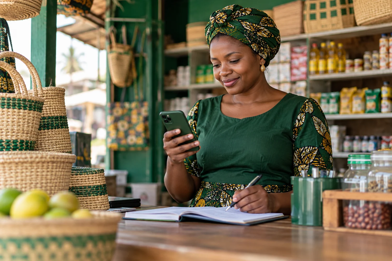 A Tanzanian shop owner using a phone to communicate with customers