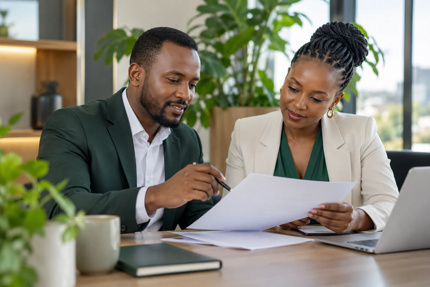 Business colleagues reviewing service terms together
