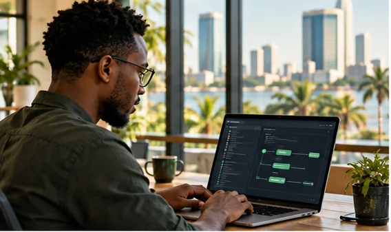 Developer working with messaging API tools at a laptop in a Dar es Salaam workspace